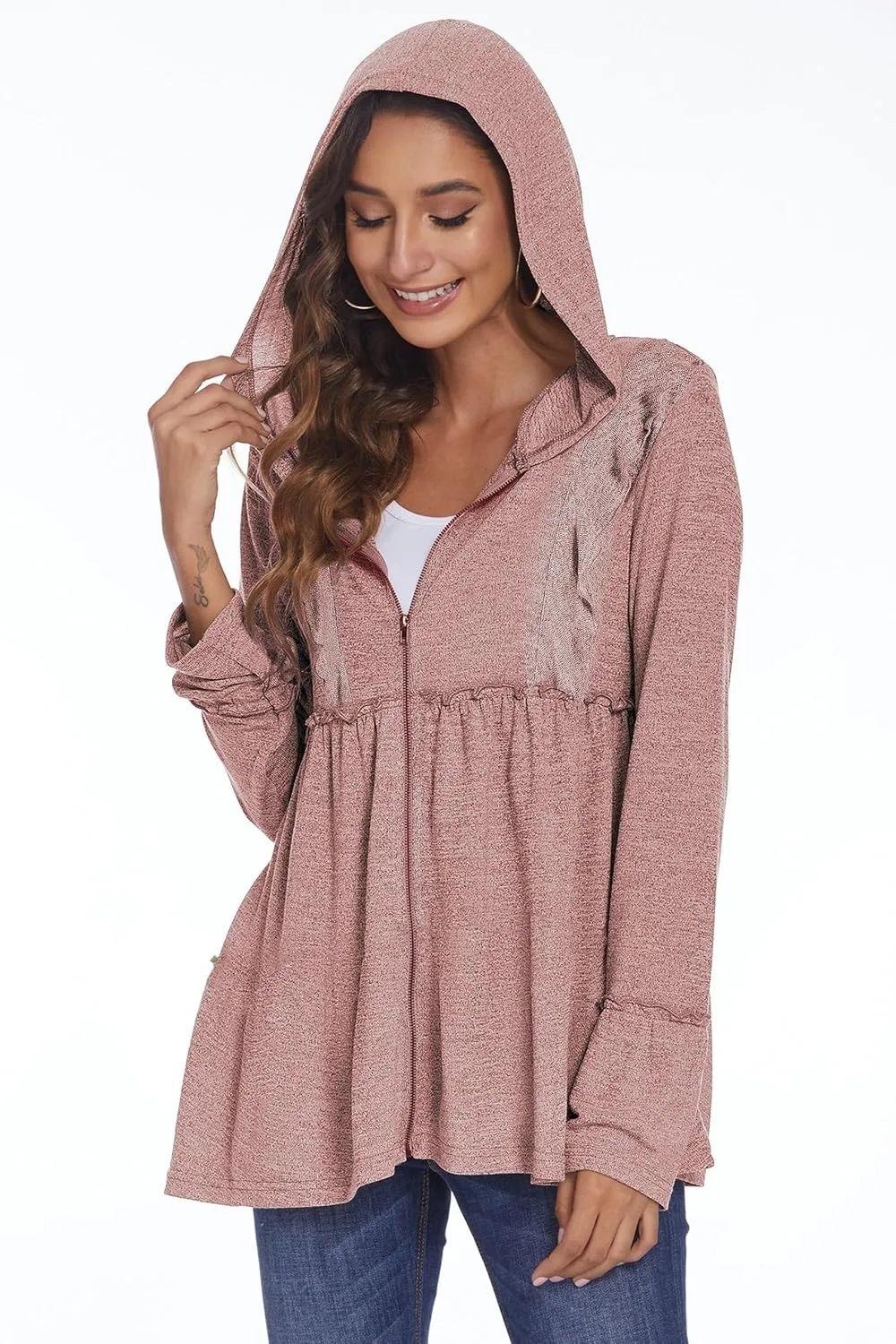 DEESHA Full Zip Up Hoodie for Women Pleated Tiered Ruffle Hooded Sweatshirts Jacket Coat Long Sleeve(Pink, Medium)