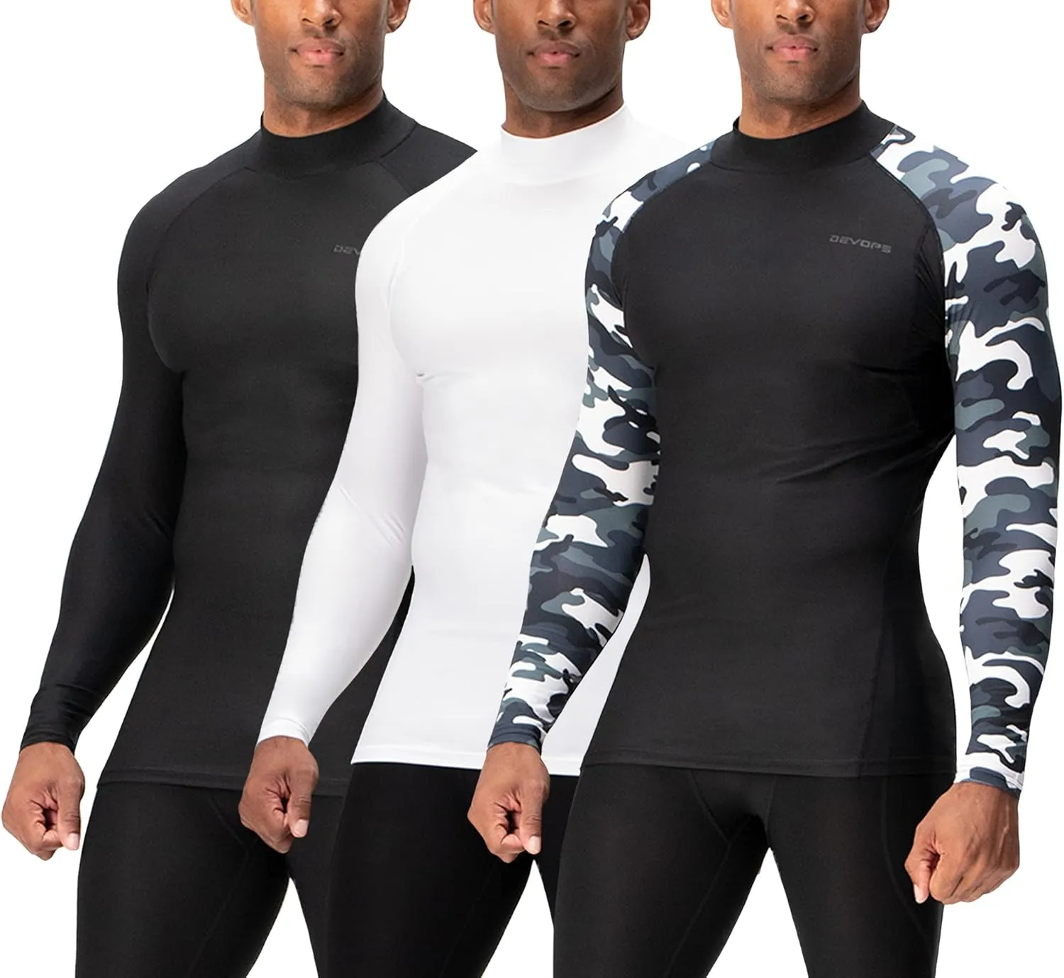 DEVOPS 3 Pack Men's Athletic Turtle Neck Long Sleeve Compression Shirts