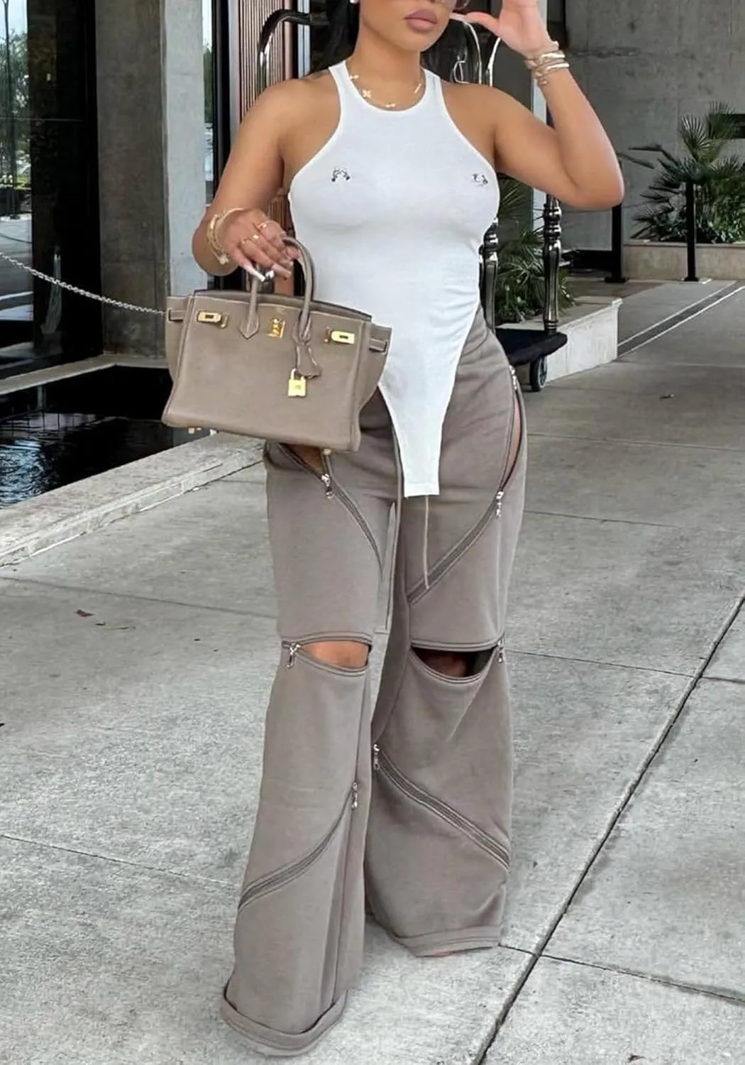 DINGANG Women Wide Leg Baggy Sweatpants High Waisted Flare Pants Y2K Multi Zipper Drawstring Cargo Sweatpant