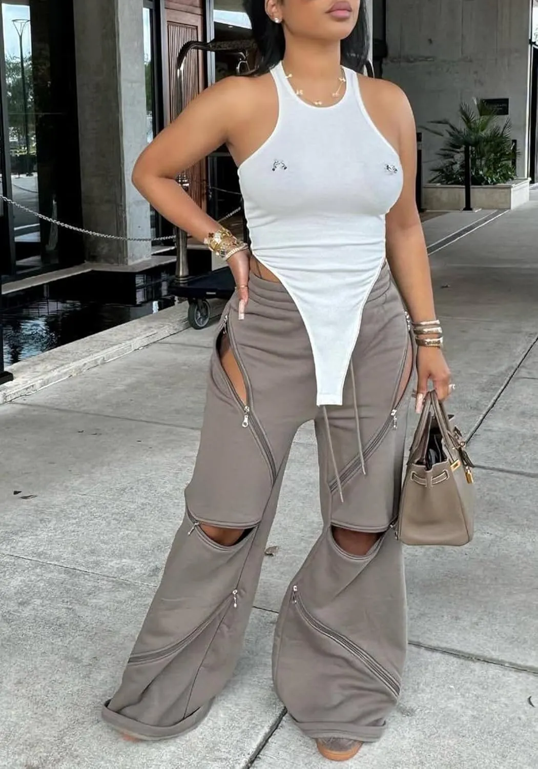 DINGANG Women Wide Leg Baggy Sweatpants High Waisted Flare Pants Y2K Multi Zipper Drawstring Cargo Sweatpant