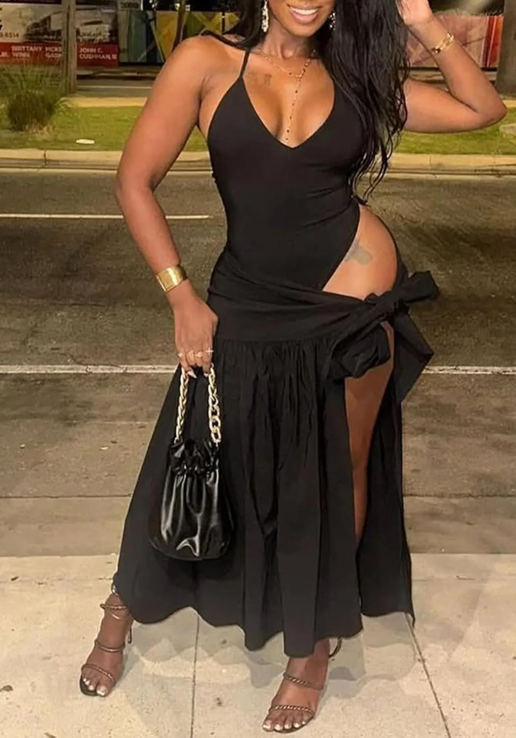 DINGANG Women's Summer 2 Piece Maxi Skirt Sets Halter V Neck Bodysuit High Split Cutout Cover Up Beach Outfits