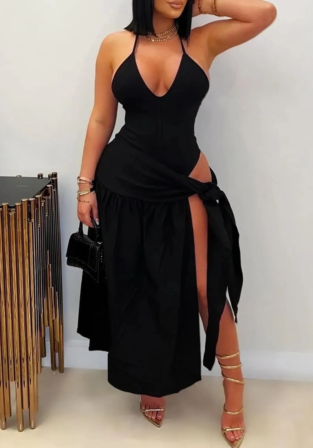 DINGANG Women's Summer 2 Piece Maxi Skirt Sets Halter V Neck Bodysuit High Split Cutout Cover Up Beach Outfits