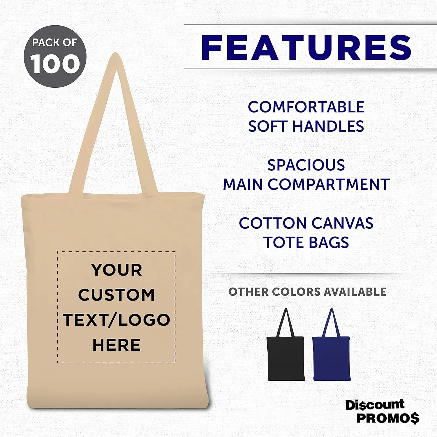 DISCOUNT PROMOS Custom Cotton Canvas Tote Bags Set of 100, Personalized Bulk Pack - Reusable, Great for Shopping, Grocery, Beach, Picnic, Wedding Favors - Natural