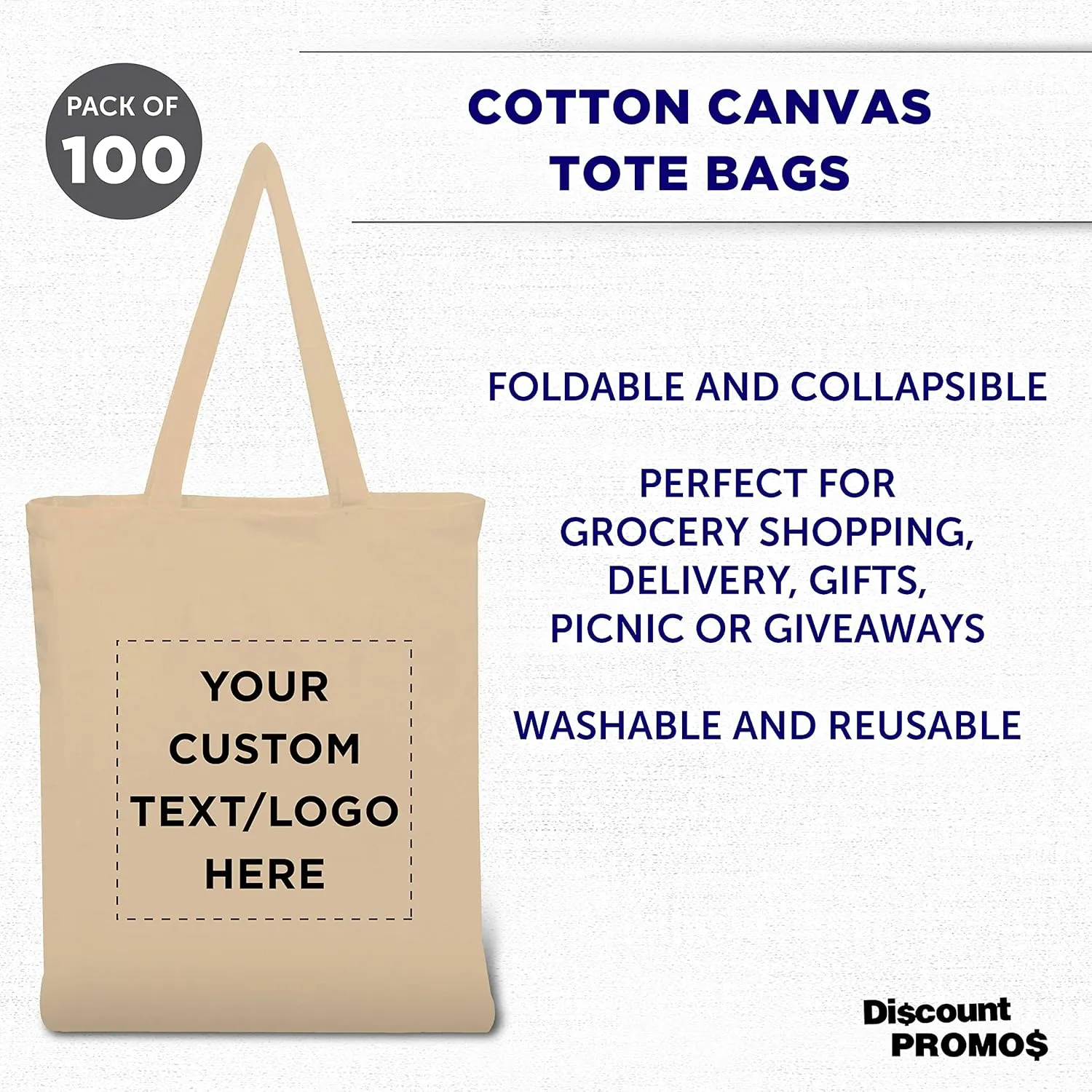 DISCOUNT PROMOS Custom Cotton Canvas Tote Bags Set of 100, Personalized Bulk Pack - Reusable, Great for Shopping, Grocery, Beach, Picnic, Wedding Favors - Natural
