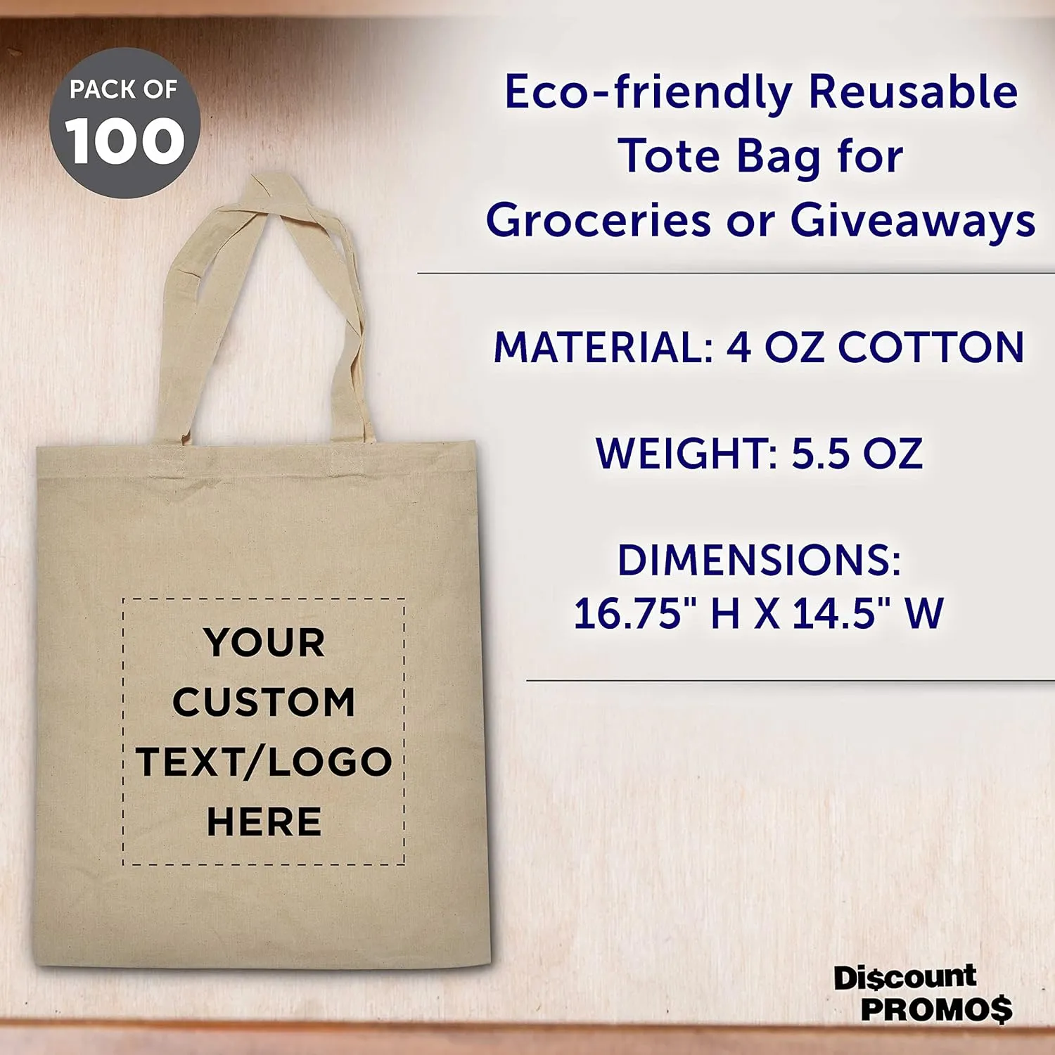 DISCOUNT PROMOS Custom Cotton Canvas Tote Bags Set of 100, Personalized Bulk Pack - Reusable, Great for Shopping, Grocery, Beach, Picnic, Wedding Favors - Natural
