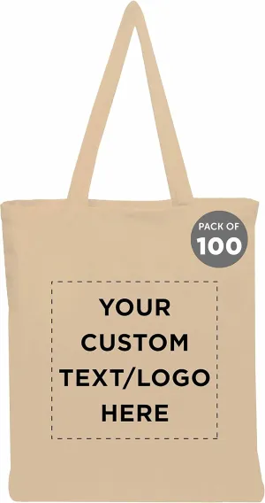 DISCOUNT PROMOS Custom Cotton Canvas Tote Bags Set of 100, Personalized Bulk Pack - Reusable, Great for Shopping, Grocery, Beach, Picnic, Wedding Favors - Natural
