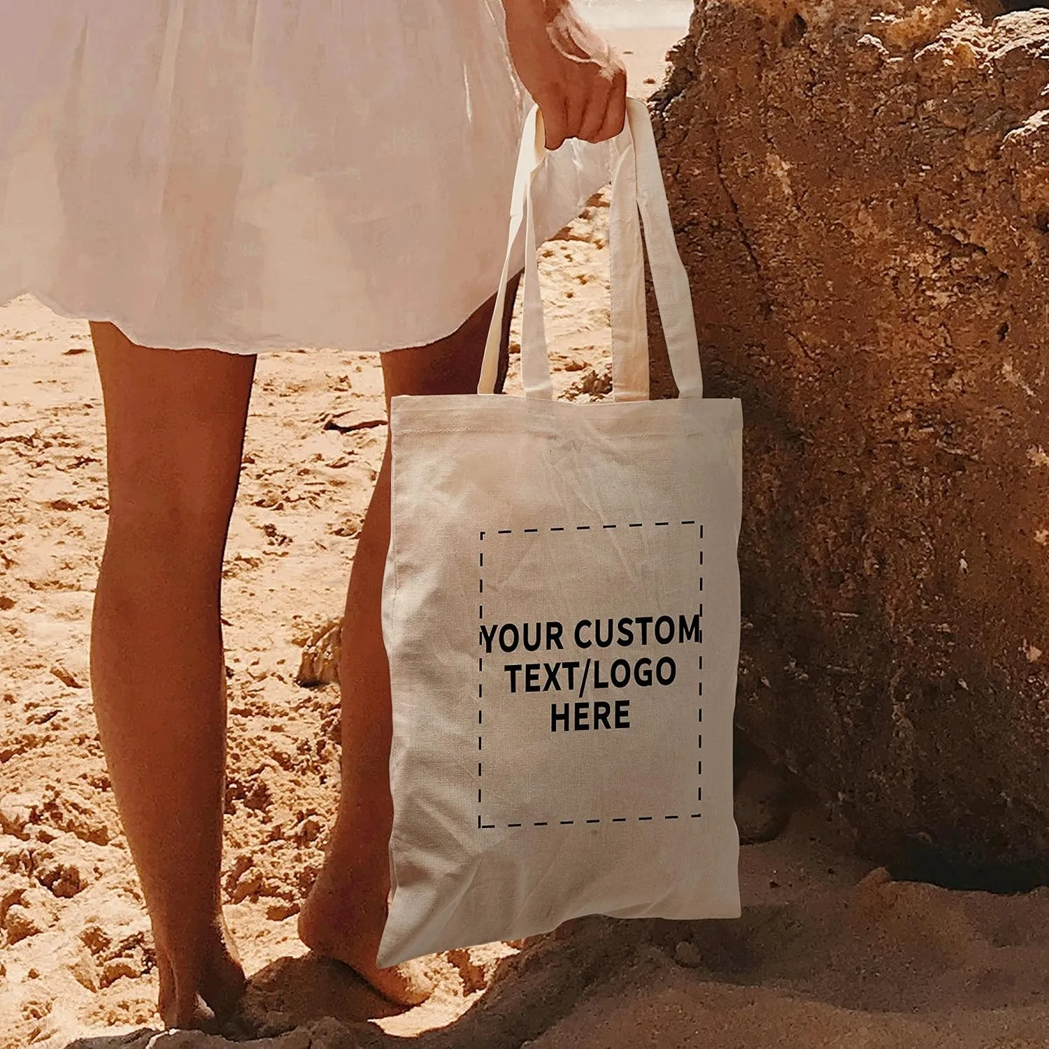 DISCOUNT PROMOS Custom Cotton Canvas Tote Bags Set of 100, Personalized Bulk Pack - Reusable, Great for Shopping, Grocery, Beach, Picnic, Wedding Favors - Natural