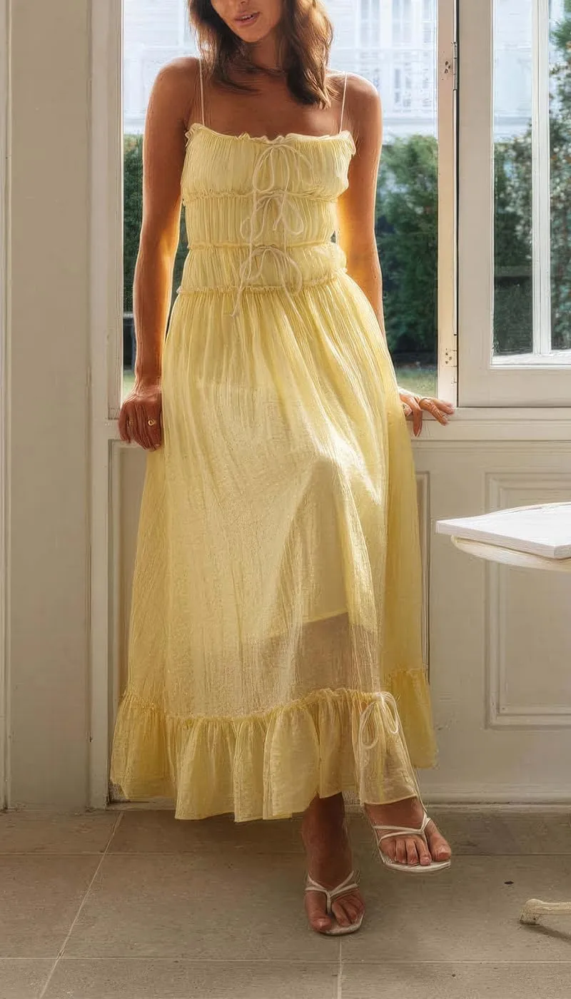 ebossy Women's Summer Spaghetti Strap Boho Long Dress Front Tie-Up Ruffles Flowy Swing Slip Sundress