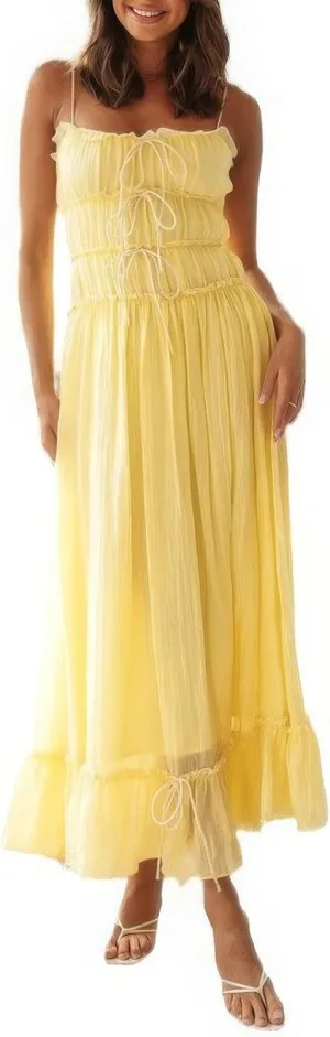 ebossy Women's Summer Spaghetti Strap Boho Long Dress Front Tie-Up Ruffles Flowy Swing Slip Sundress