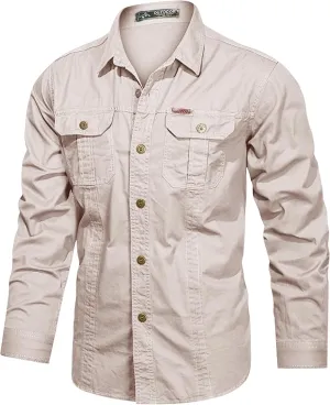 Eisctnd Men's Long Sleeve Cotton Work Shirt Casual Loose Fit Button Down Shirts with 2-Pocket for Outdoor Safari