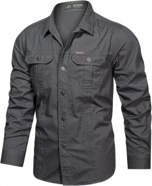 Eisctnd Men's Long Sleeve Cotton Work Shirt Casual Loose Fit Button Down Shirts with 2-Pocket for Outdoor Safari