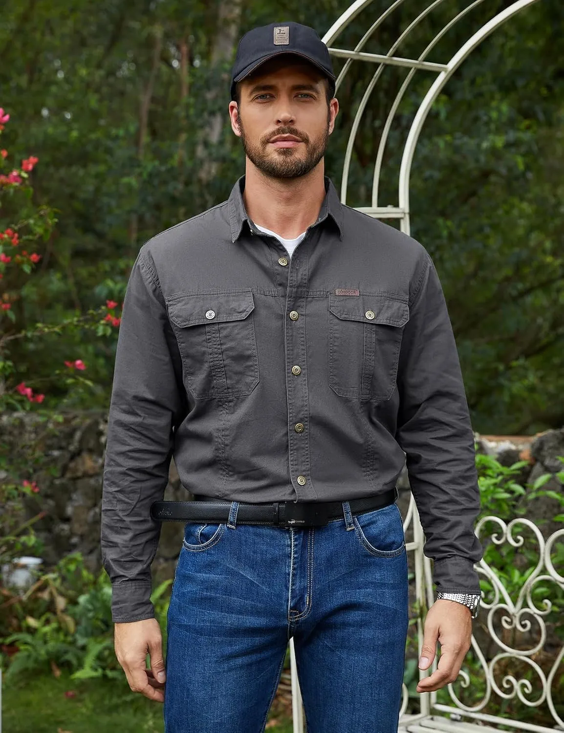 Eisctnd Men's Long Sleeve Cotton Work Shirt Casual Loose Fit Button Down Shirts with 2-Pocket for Outdoor Safari