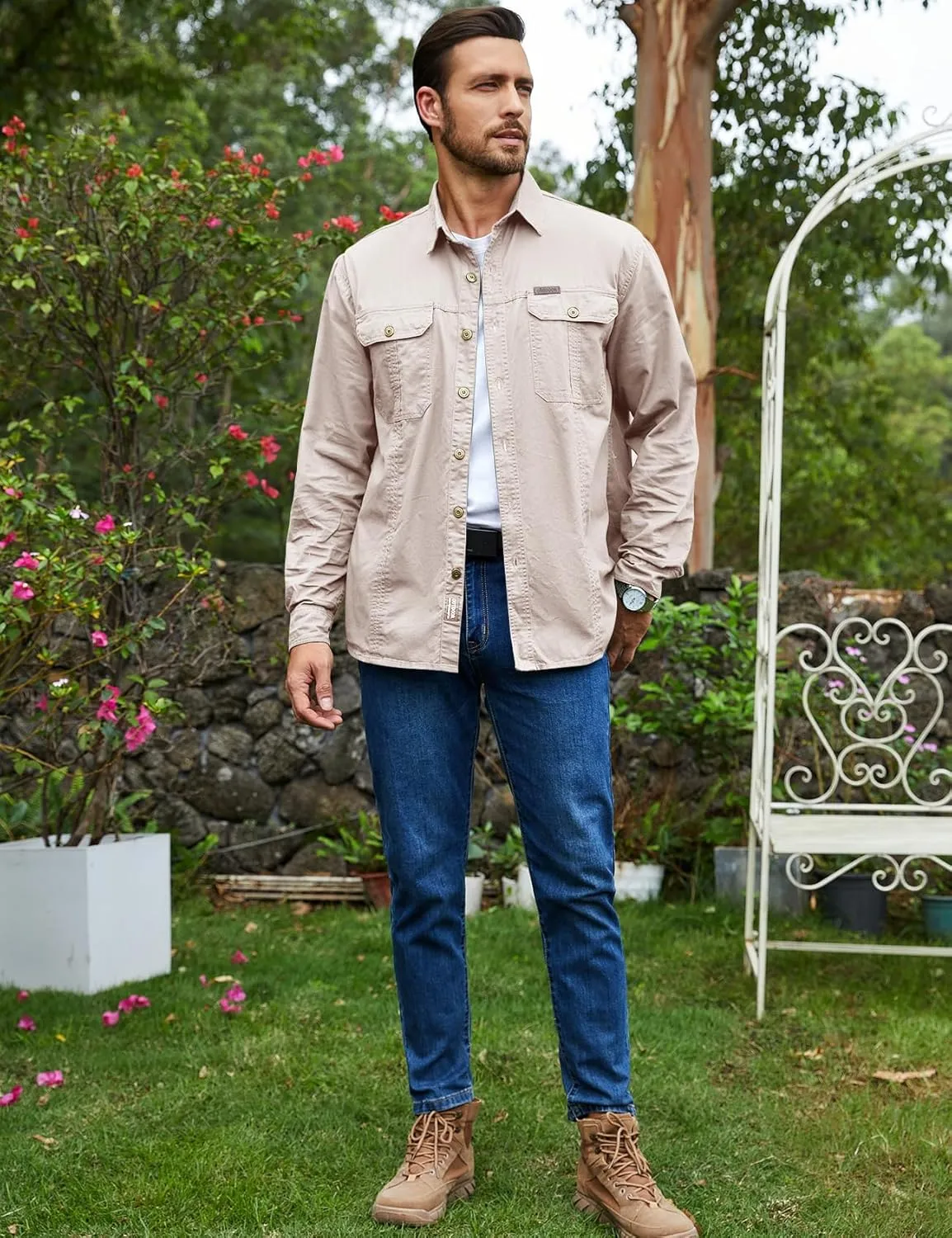 Eisctnd Men's Long Sleeve Cotton Work Shirt Casual Loose Fit Button Down Shirts with 2-Pocket for Outdoor Safari