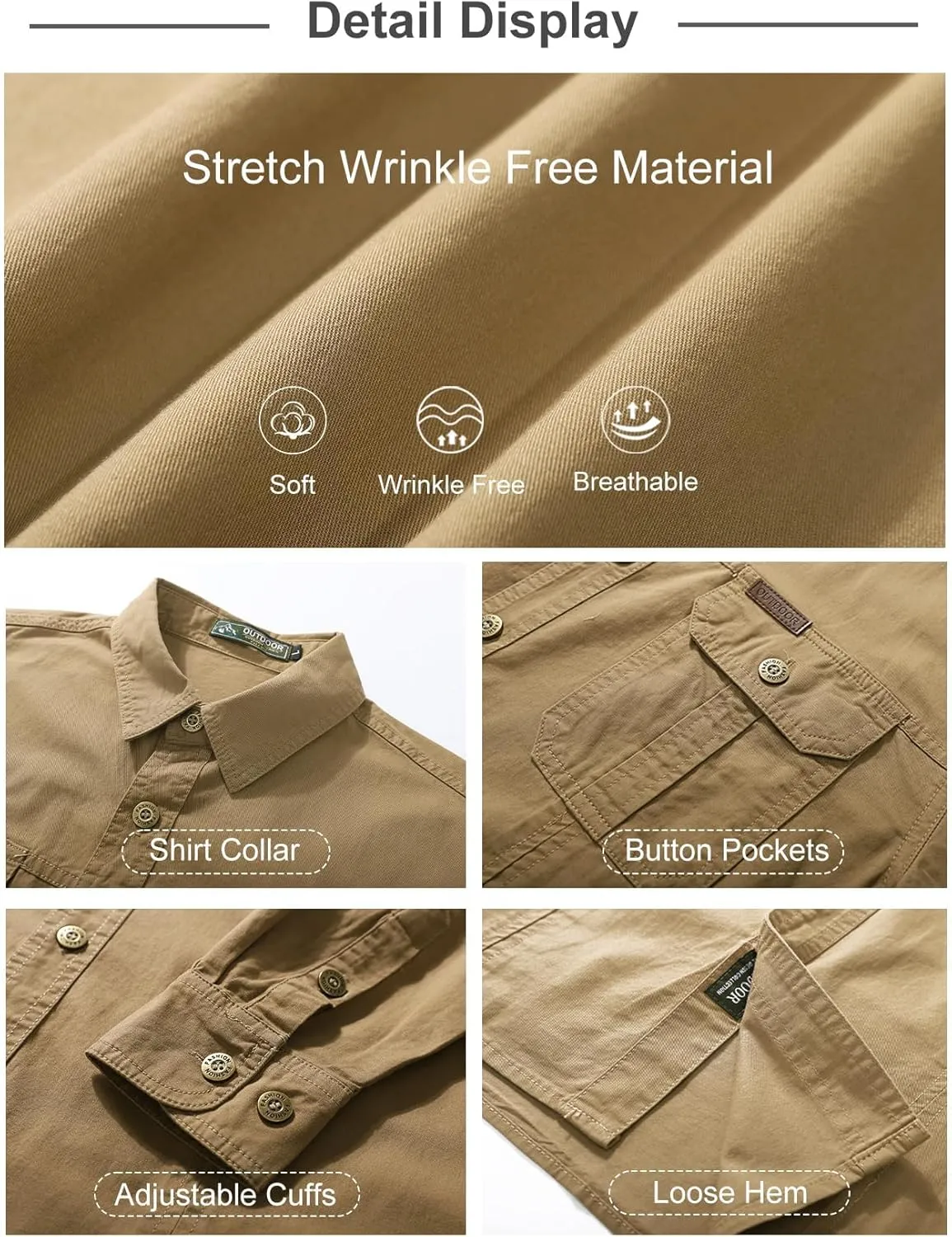 Eisctnd Men's Long Sleeve Cotton Work Shirt Casual Loose Fit Button Down Shirts with 2-Pocket for Outdoor Safari