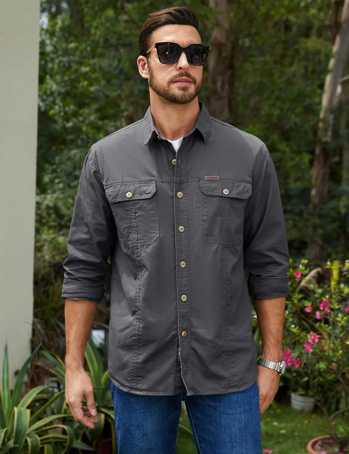 Eisctnd Men's Long Sleeve Cotton Work Shirt Casual Loose Fit Button Down Shirts with 2-Pocket for Outdoor Safari