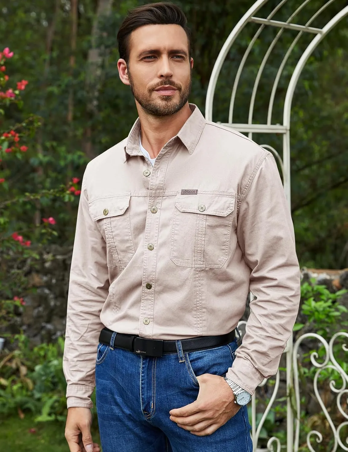 Eisctnd Men's Long Sleeve Cotton Work Shirt Casual Loose Fit Button Down Shirts with 2-Pocket for Outdoor Safari