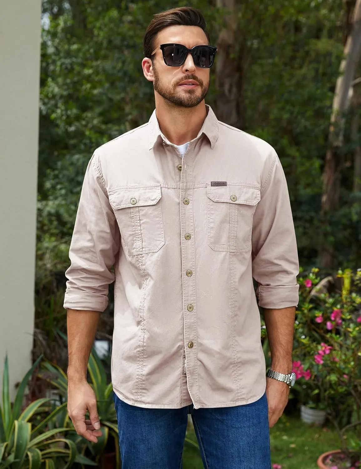Eisctnd Men's Long Sleeve Cotton Work Shirt Casual Loose Fit Button Down Shirts with 2-Pocket for Outdoor Safari