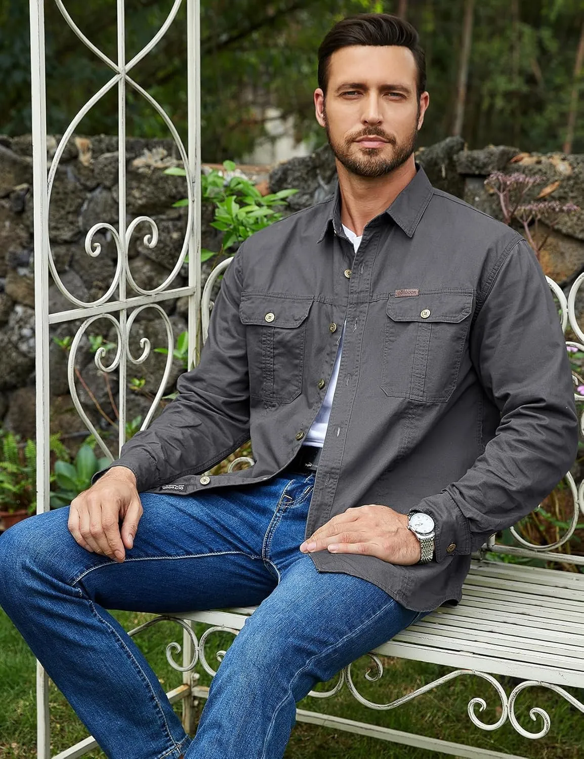 Eisctnd Men's Long Sleeve Cotton Work Shirt Casual Loose Fit Button Down Shirts with 2-Pocket for Outdoor Safari