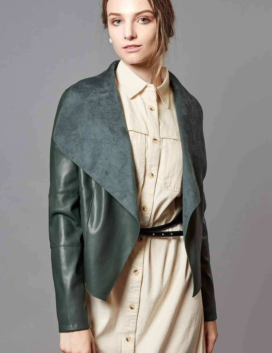 Escalier Women's Faux Leather Jackets Slim Open Front Lapel Blazer Jackets