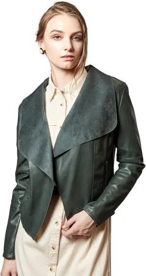 Escalier Women's Faux Leather Jackets Slim Open Front Lapel Blazer Jackets
