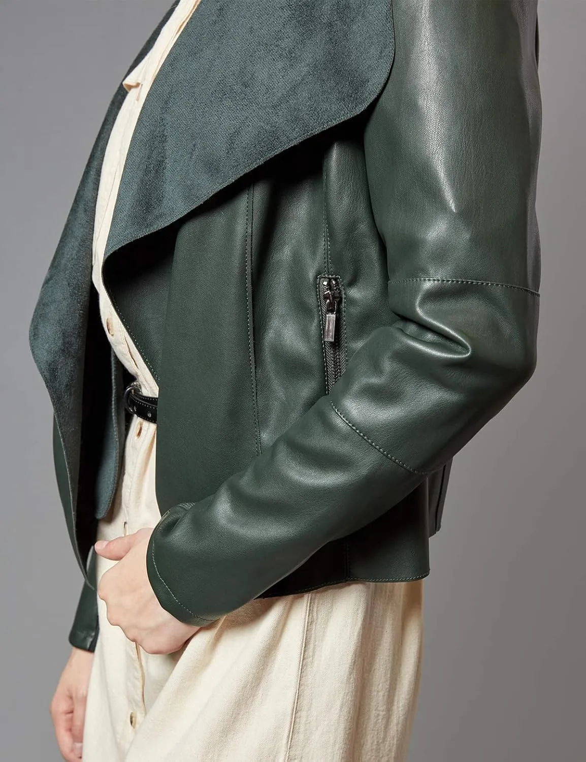 Escalier Women's Faux Leather Jackets Slim Open Front Lapel Blazer Jackets