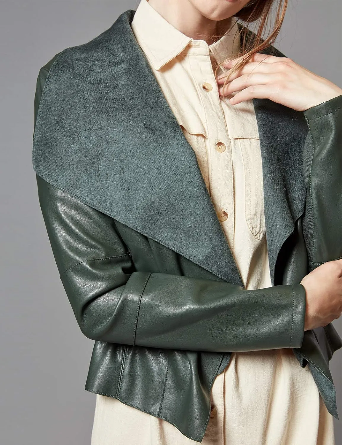 Escalier Women's Faux Leather Jackets Slim Open Front Lapel Blazer Jackets