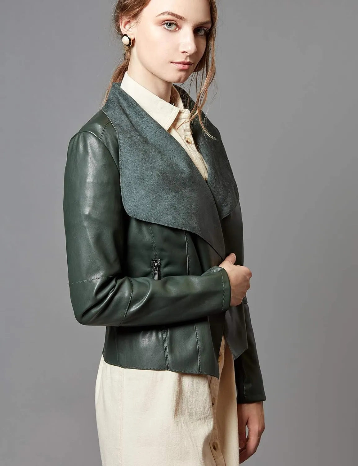 Escalier Women's Faux Leather Jackets Slim Open Front Lapel Blazer Jackets