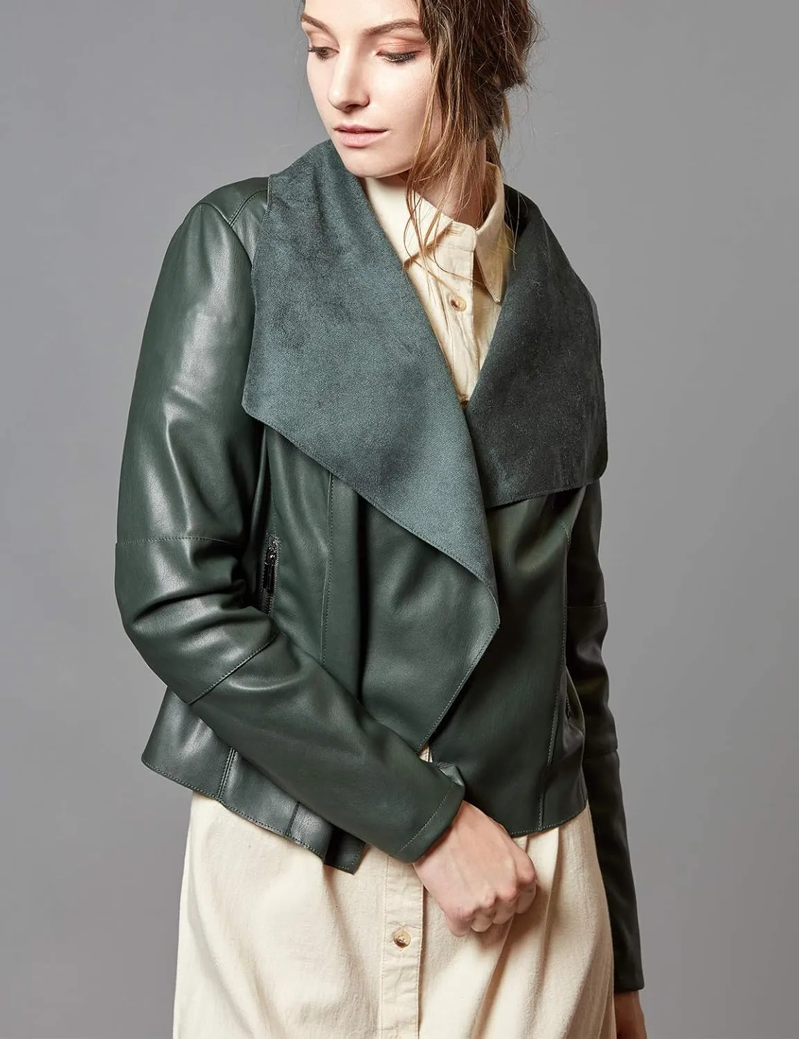 Escalier Women's Faux Leather Jackets Slim Open Front Lapel Blazer Jackets