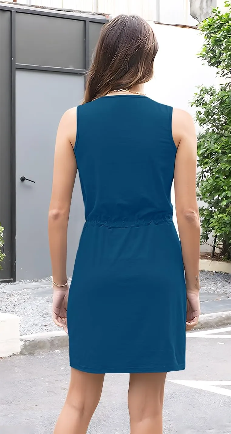 ETCYY Womens Summer Casual Dresses Sleeveless Beach Vacation Sundresses Drawstring Waist Short Striped Dress with Pockets