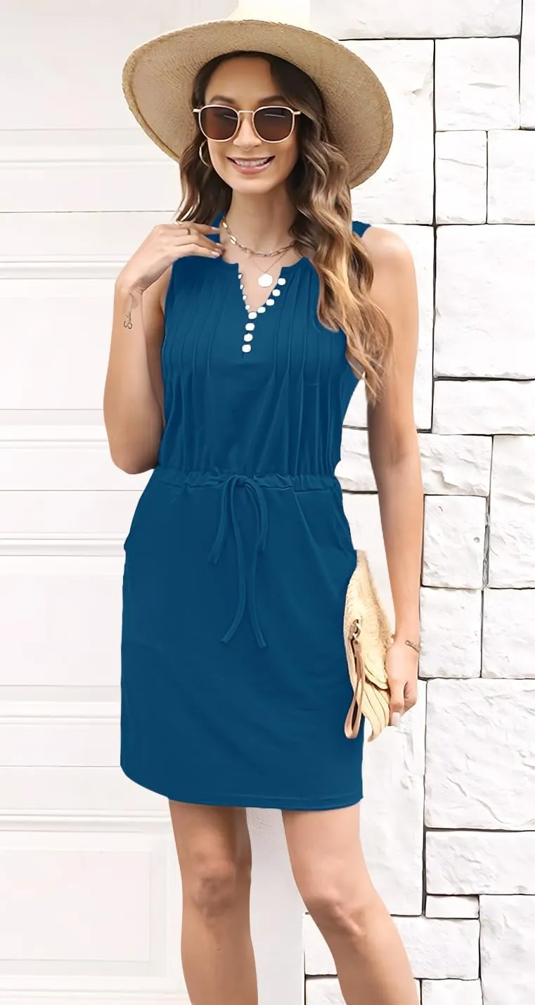 ETCYY Womens Summer Casual Dresses Sleeveless Beach Vacation Sundresses Drawstring Waist Short Striped Dress with Pockets