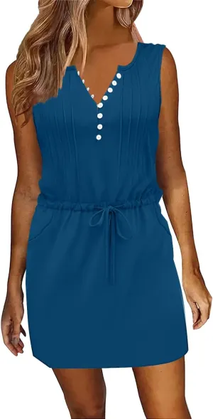 ETCYY Womens Summer Casual Dresses Sleeveless Beach Vacation Sundresses Drawstring Waist Short Striped Dress with Pockets