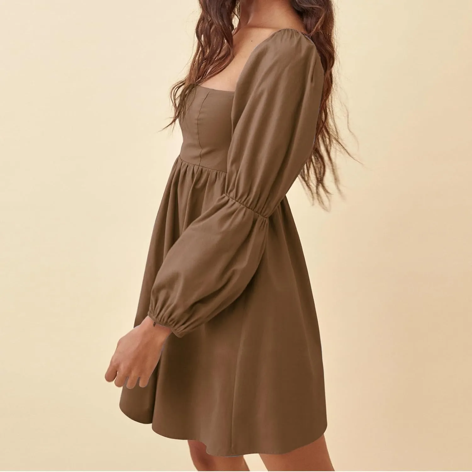 EXLURA Womens 2025 Square Neck Dress Long Puff Sleeve A-Line Casual Short Mini Dresses