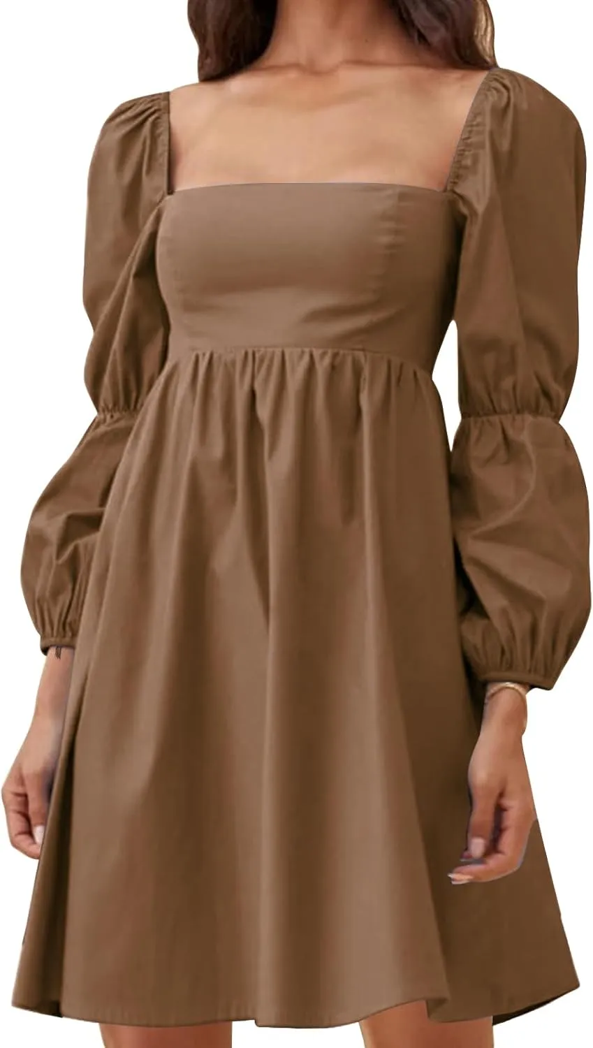 EXLURA Womens 2025 Square Neck Dress Long Puff Sleeve A-Line Casual Short Mini Dresses