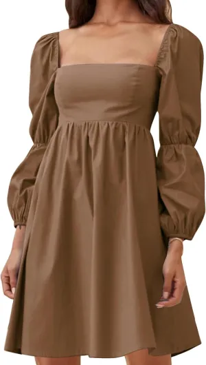 EXLURA Womens 2025 Square Neck Dress Long Puff Sleeve A-Line Casual Short Mini Dresses