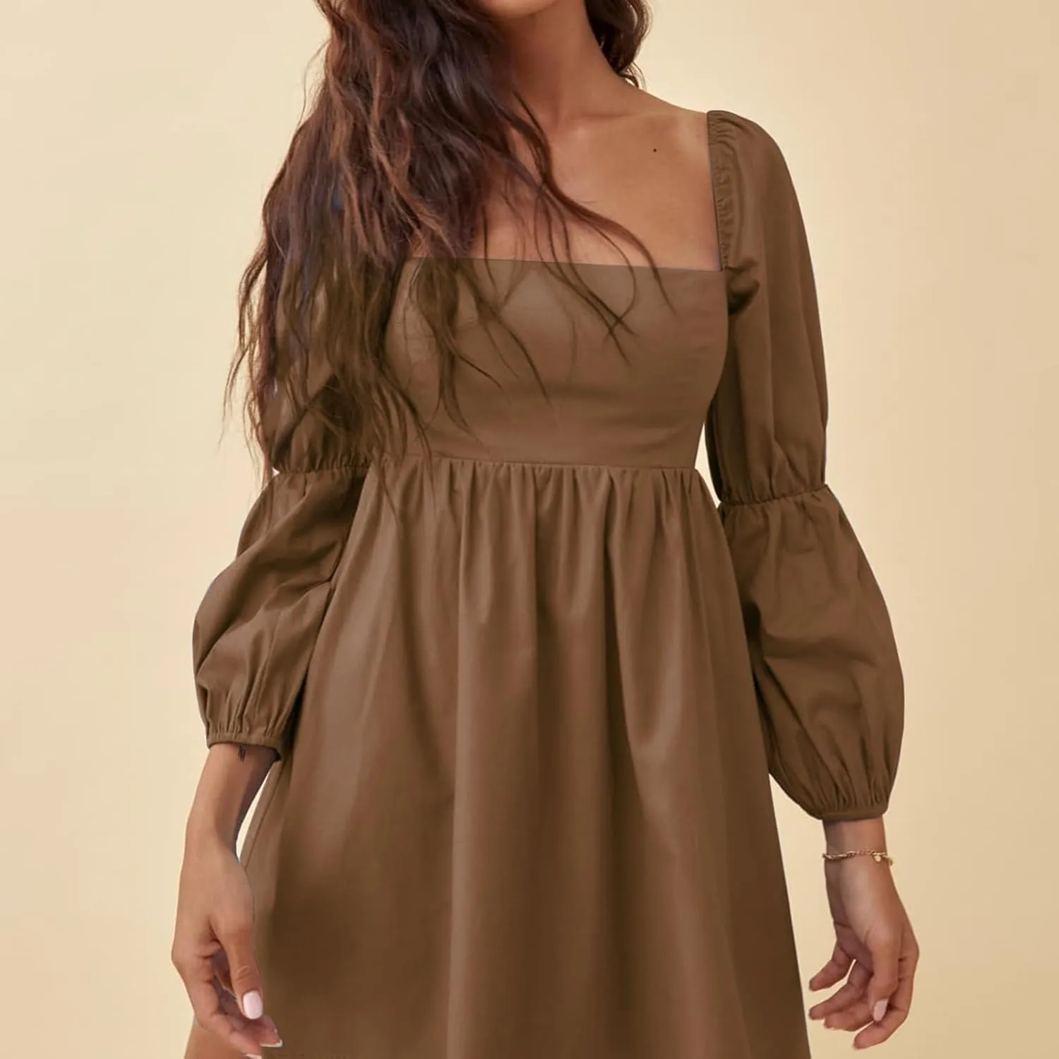 EXLURA Womens 2025 Square Neck Dress Long Puff Sleeve A-Line Casual Short Mini Dresses