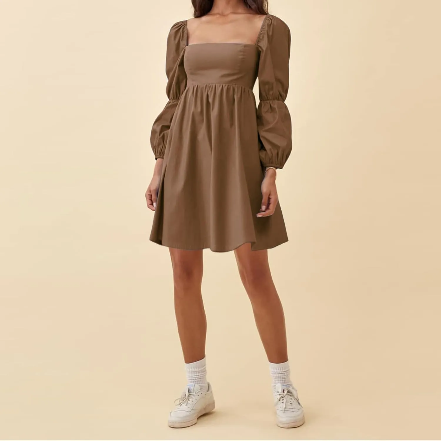 EXLURA Womens 2025 Square Neck Dress Long Puff Sleeve A-Line Casual Short Mini Dresses
