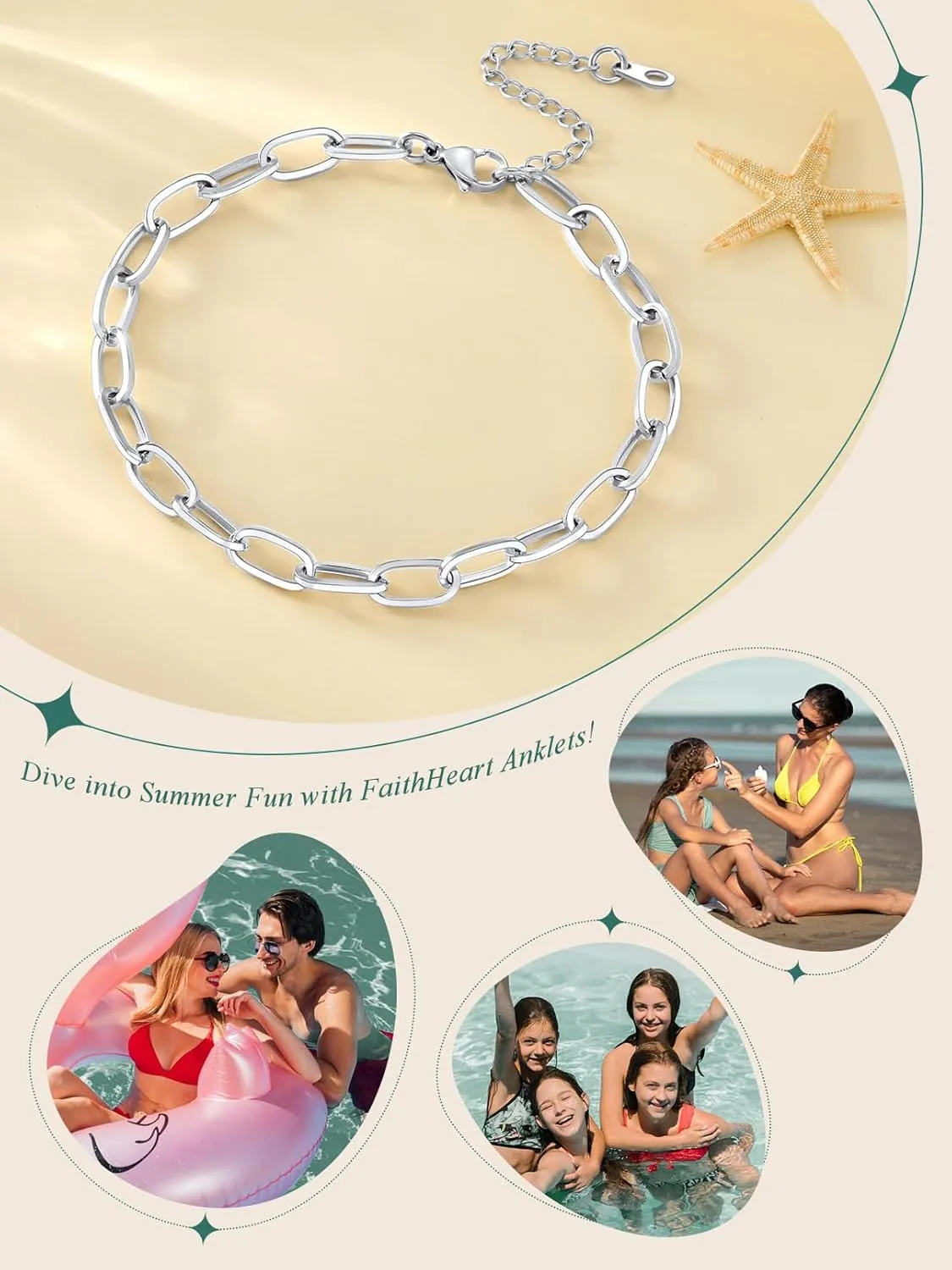 FaithHeart 1/2/3Pcs Ankle Bracelets for Women, Waterproof Layered Anklet Set Paperclip Figaro Cuban Link Chain Dainty Summer Beach Jewelry Gift for Women Adjustable Size