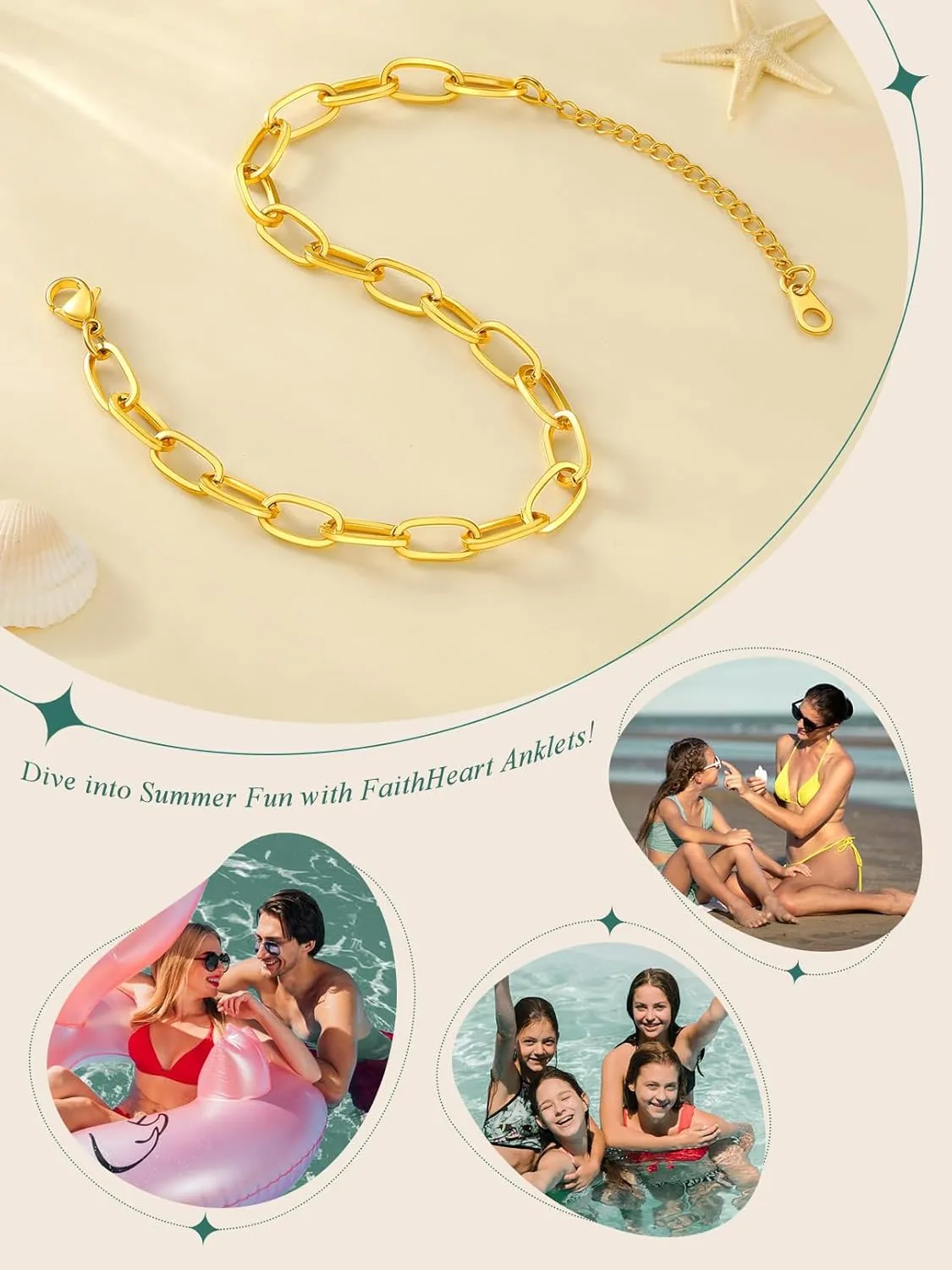 FaithHeart 1/2/3Pcs Ankle Bracelets for Women, Waterproof Layered Anklet Set Paperclip Figaro Cuban Link Chain Dainty Summer Beach Jewelry Gift for Women Adjustable Size