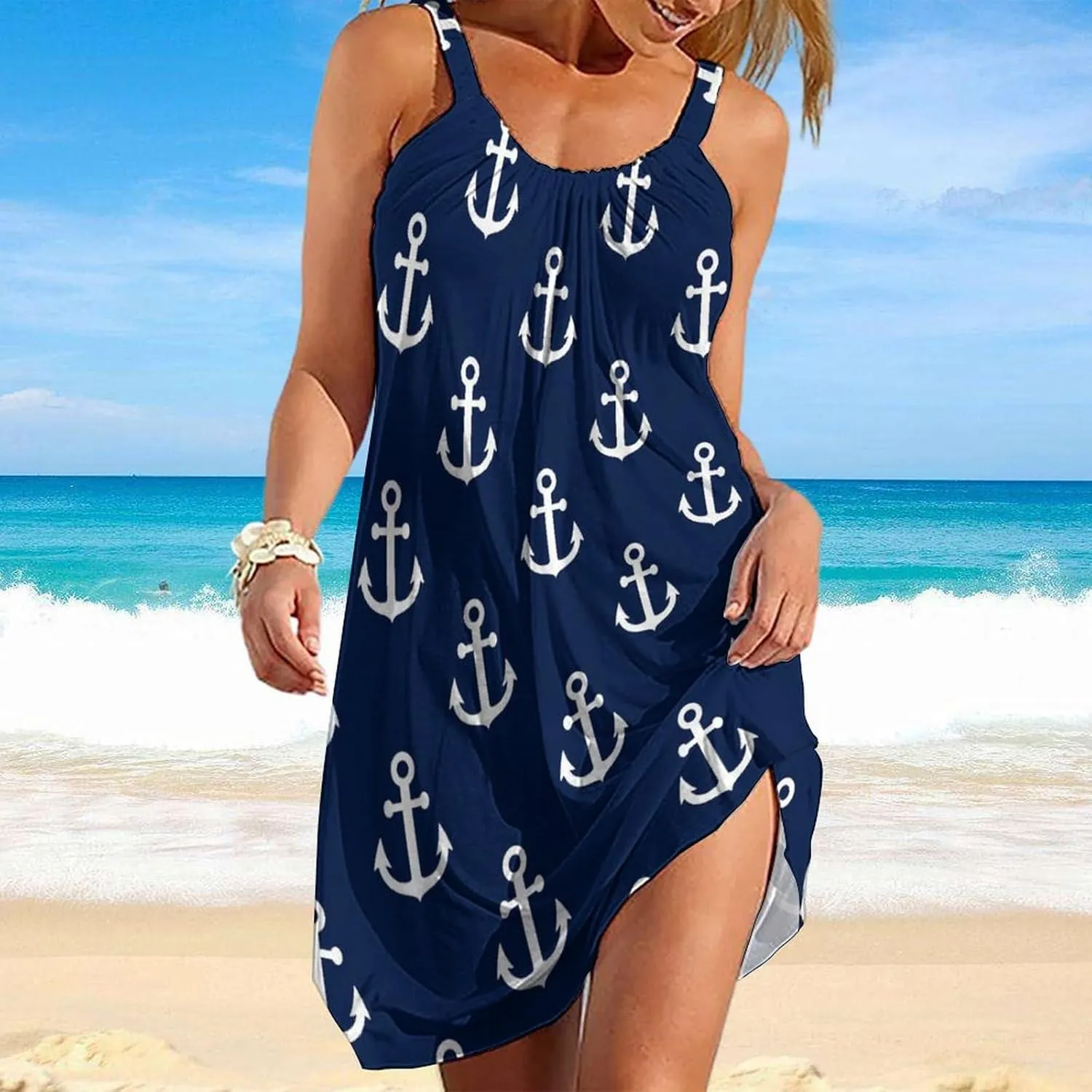 Fashion Summer Loose Sling Dress Women's Casual Beach Sundress, Sleeveless Swing Dress Beachwear Coverups Tank Dress
