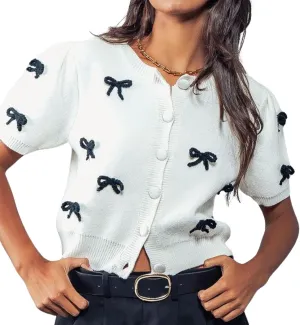 FindThy Womens Bow Cropped Cardigan Sweater Cute Y2k Crewneck Short Sleeve Button Down Knit Pullover Tops