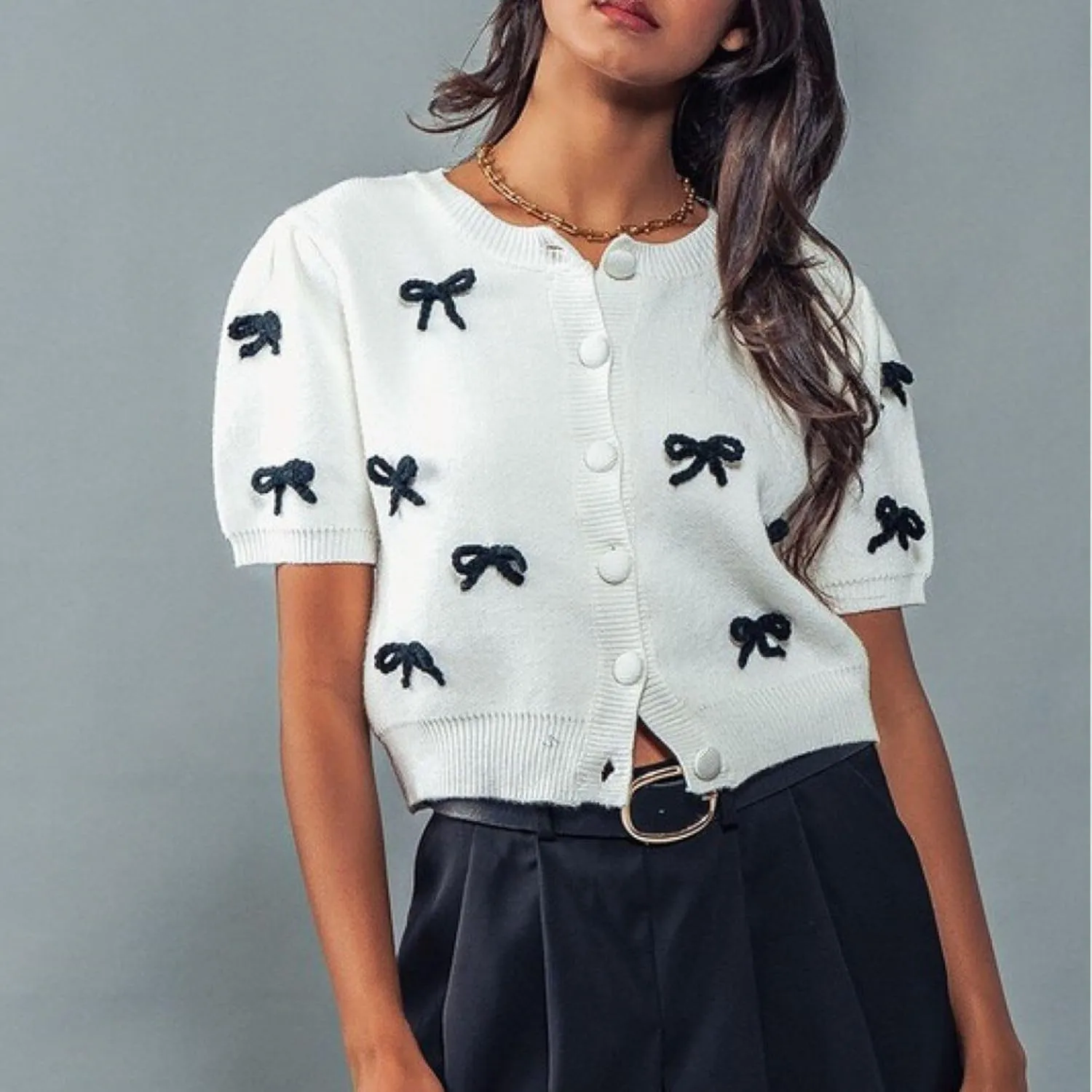 FindThy Womens Bow Cropped Cardigan Sweater Cute Y2k Crewneck Short Sleeve Button Down Knit Pullover Tops