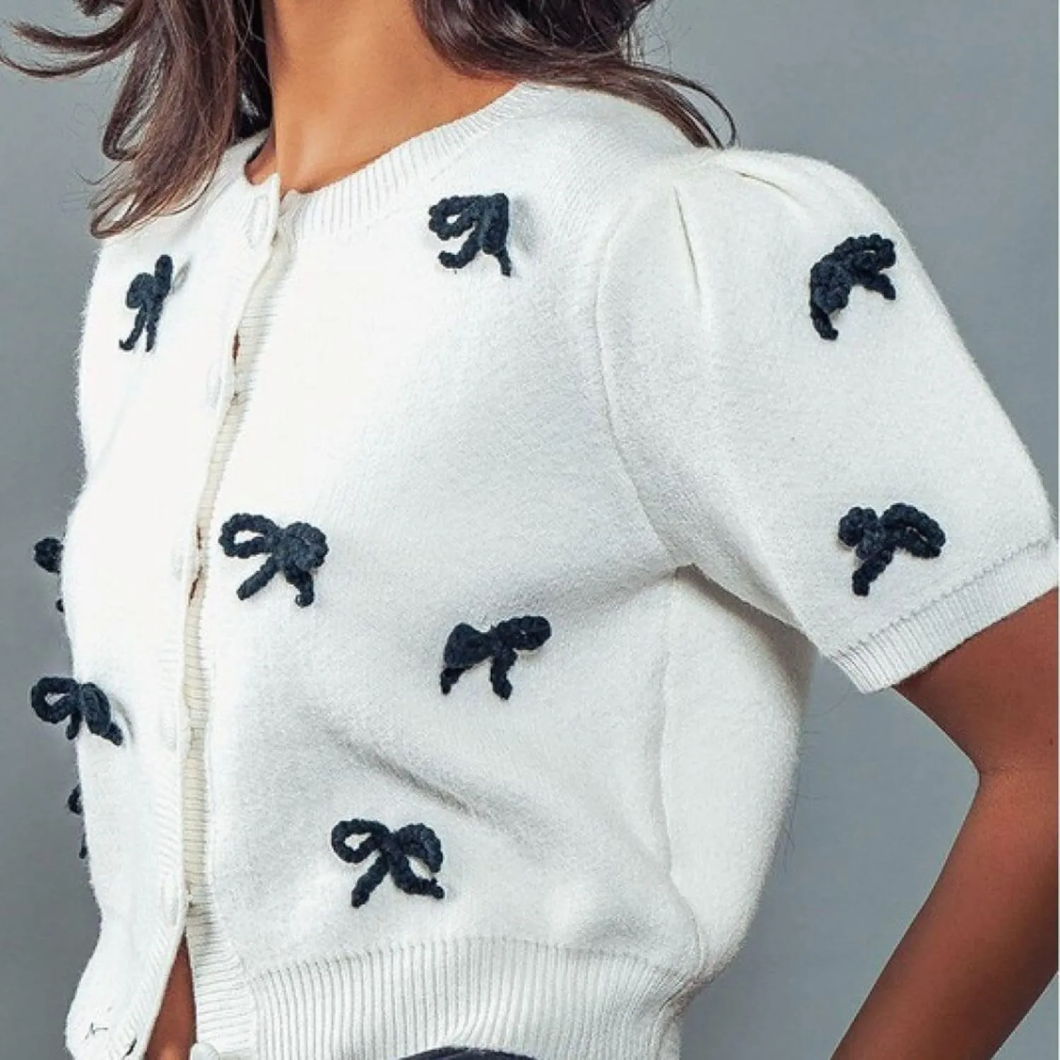 FindThy Womens Bow Cropped Cardigan Sweater Cute Y2k Crewneck Short Sleeve Button Down Knit Pullover Tops