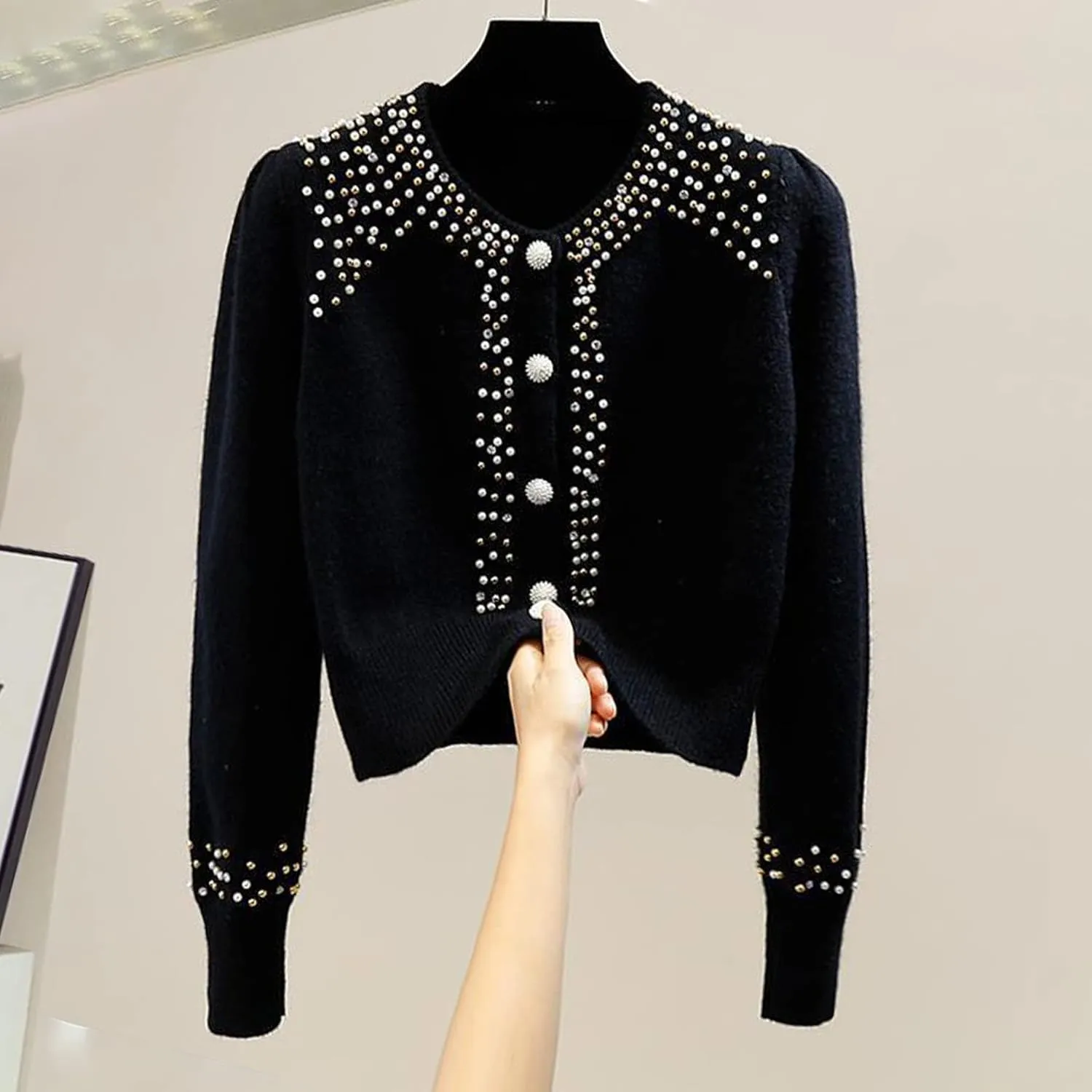 FindThy Womens Casual Pearl Beaded Cardigan Button Up Long Sleeve Slim Fit Cardigans Sweaters