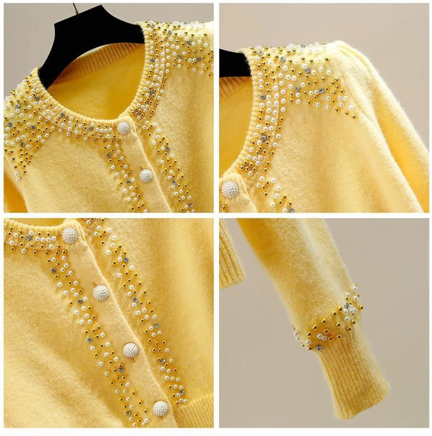 FindThy Womens Casual Pearl Beaded Cardigan Button Up Long Sleeve Slim Fit Cardigans Sweaters