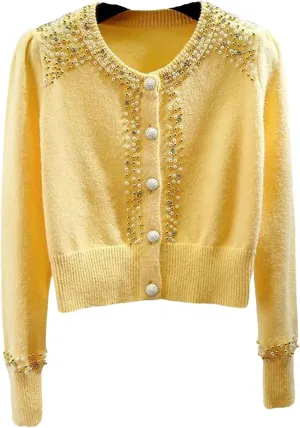 FindThy Womens Casual Pearl Beaded Cardigan Button Up Long Sleeve Slim Fit Cardigans Sweaters
