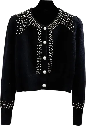 FindThy Womens Casual Pearl Beaded Cardigan Button Up Long Sleeve Slim Fit Cardigans Sweaters