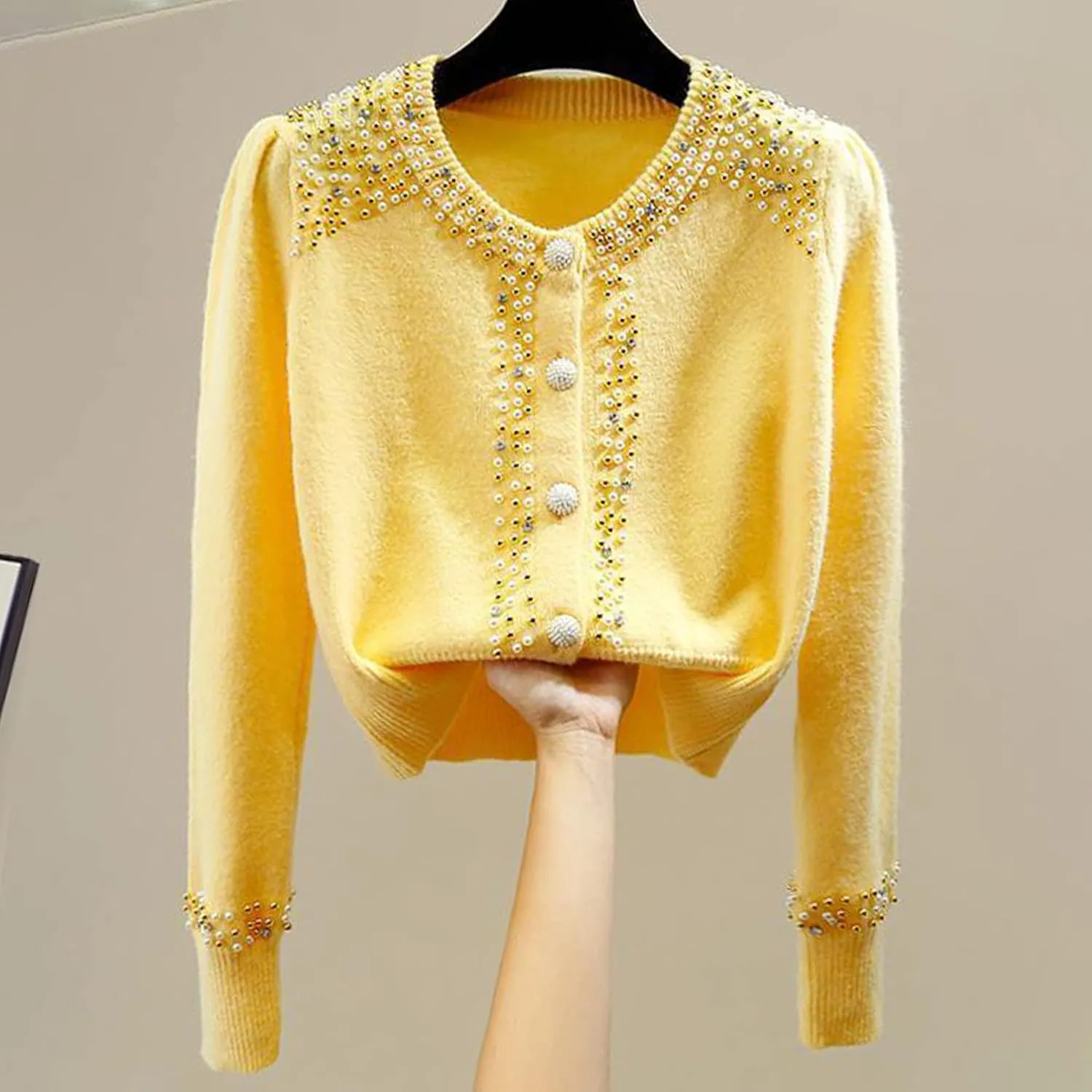 FindThy Womens Casual Pearl Beaded Cardigan Button Up Long Sleeve Slim Fit Cardigans Sweaters