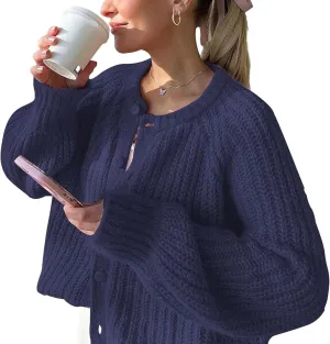 FindThy Womens Chunky Knit Cardigan Long Sleeve Button Down Crewneck Fall Sweater Coat