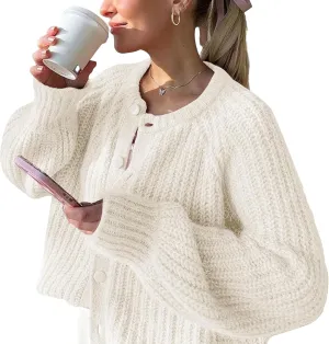 FindThy Womens Chunky Knit Cardigan Long Sleeve Button Down Crewneck Fall Sweater Coat