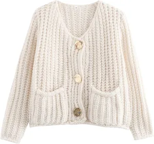 FindThy Womens Cropped Knit Cardigan Long Sleeve Crewneck Button Down Fall Sweater with Pockets
